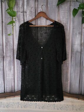 Black Crochet Cardigan - Short Sleeve V-Neck Lace Knit Sweater Large